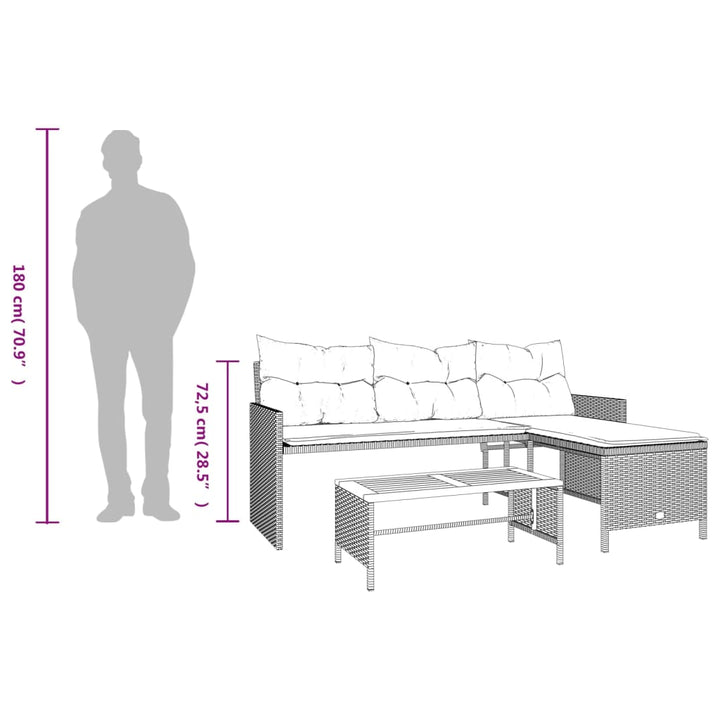 Tuinbank met tafel en kussens L-vormig poly rattan zwart