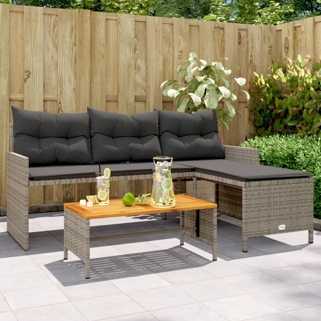 Tuinbank met tafel en kussens L-vormig poly rattan grijs