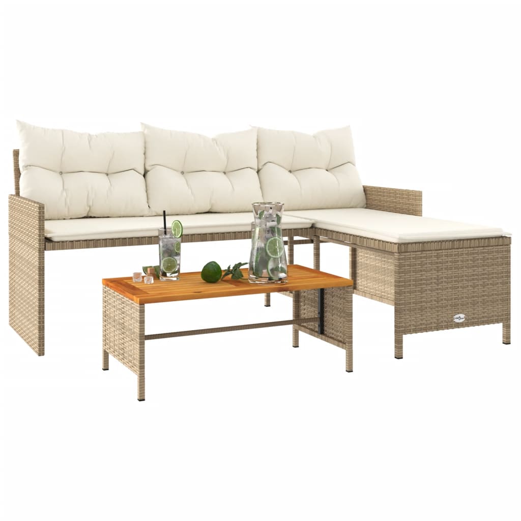 Tuinbank met tafel en kussens L-vormig poly rattan beige