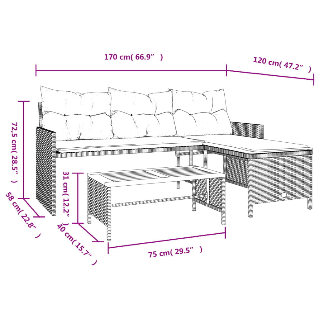 Tuinbank met tafel en kussens L-vormig poly rattan beige