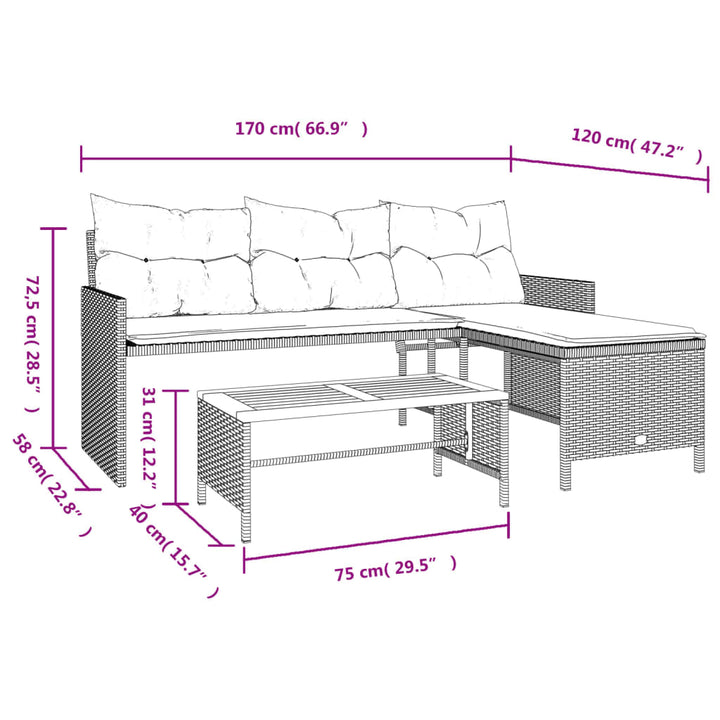 Tuinbank met tafel en kussens L-vormig poly rattan beige