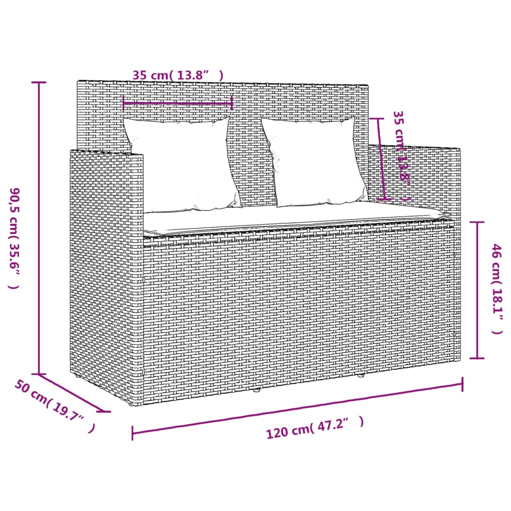 Tuinbank met kussens poly rattan bruin