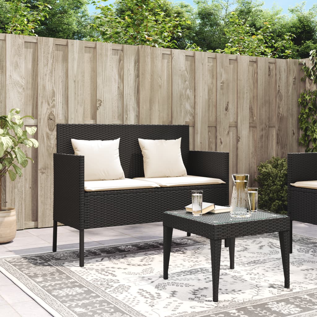 Tuinbank met kussens poly rattan zwart