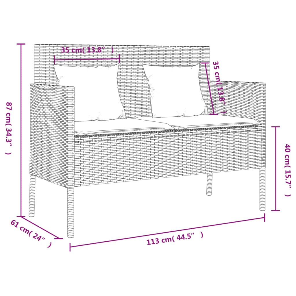 Tuinbank met kussens poly rattan zwart