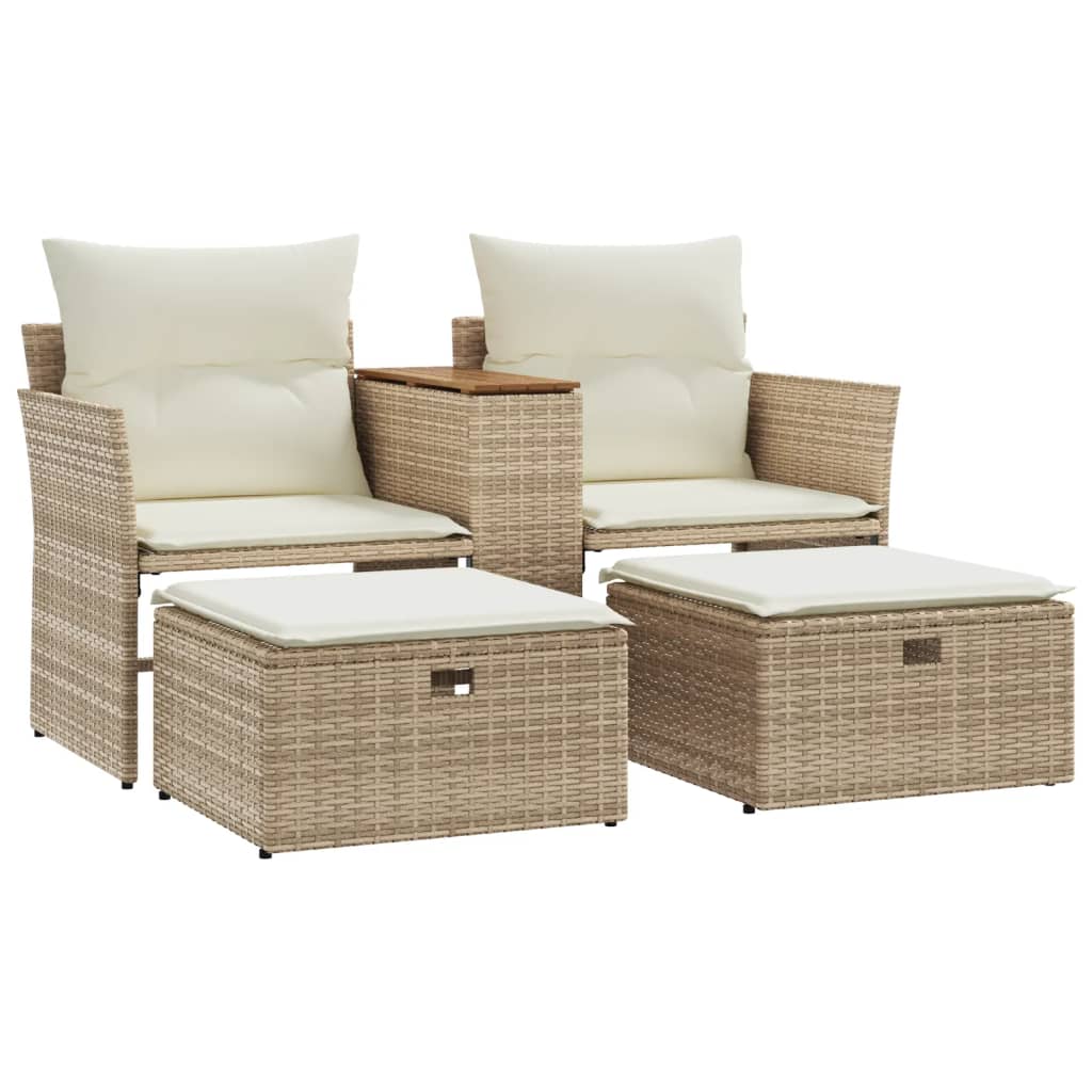 Tuinbank 2-zits met voetenbanken poly rattan beige