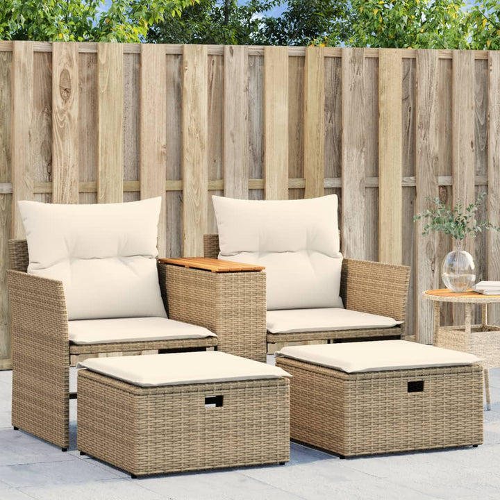 Tuinbank 2-zits met voetenbanken poly rattan beige