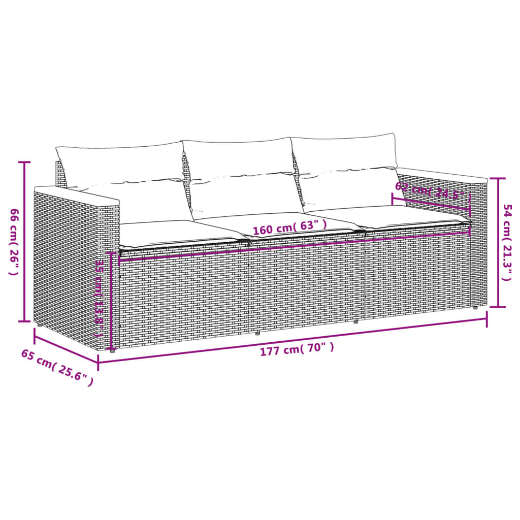 Tuinbank 3-zits met kussens poly rattan zwart