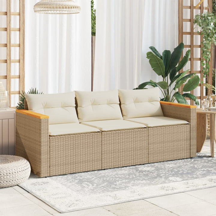 Tuinbank 3-zits met kussens poly rattan beige