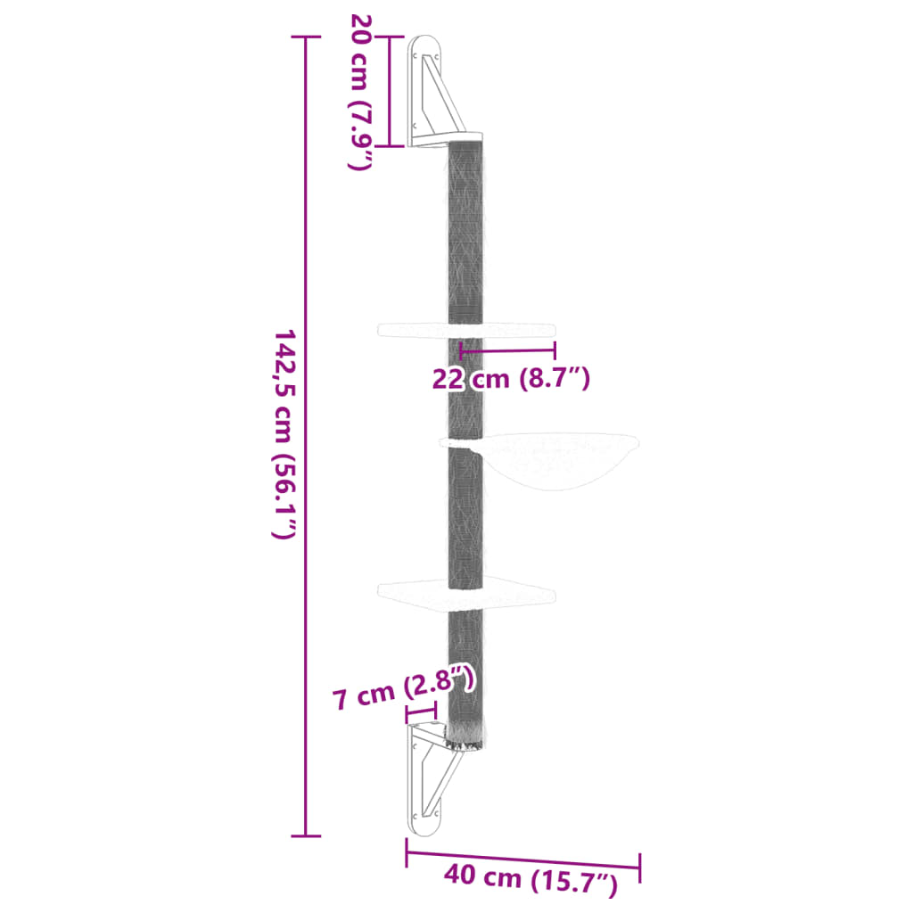 Kattenmeubel wandgemonteerd met krabpaal 142,5 cm crèmekleurig