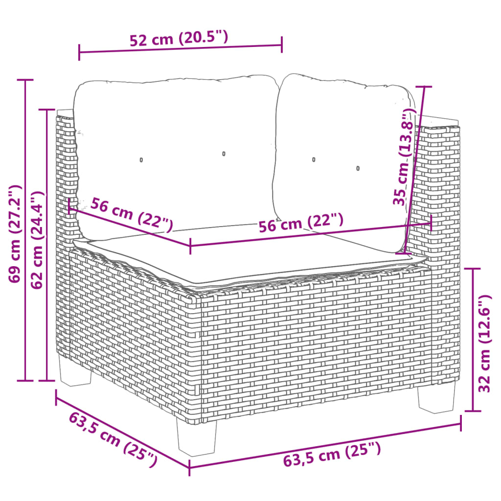 Tuinhoekbank met kussens poly rattan zwart