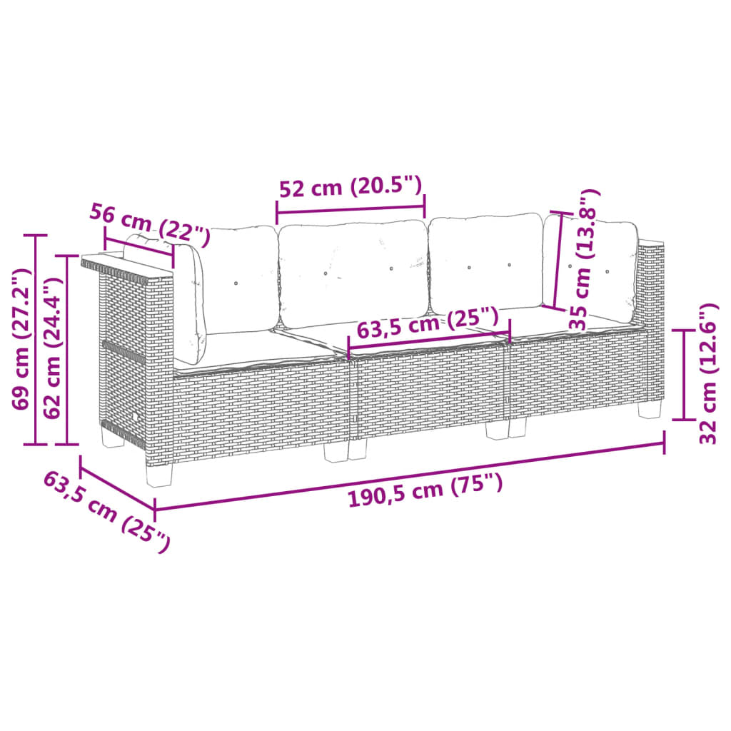 Tuinbank 3-zits met kussens poly rattan zwart