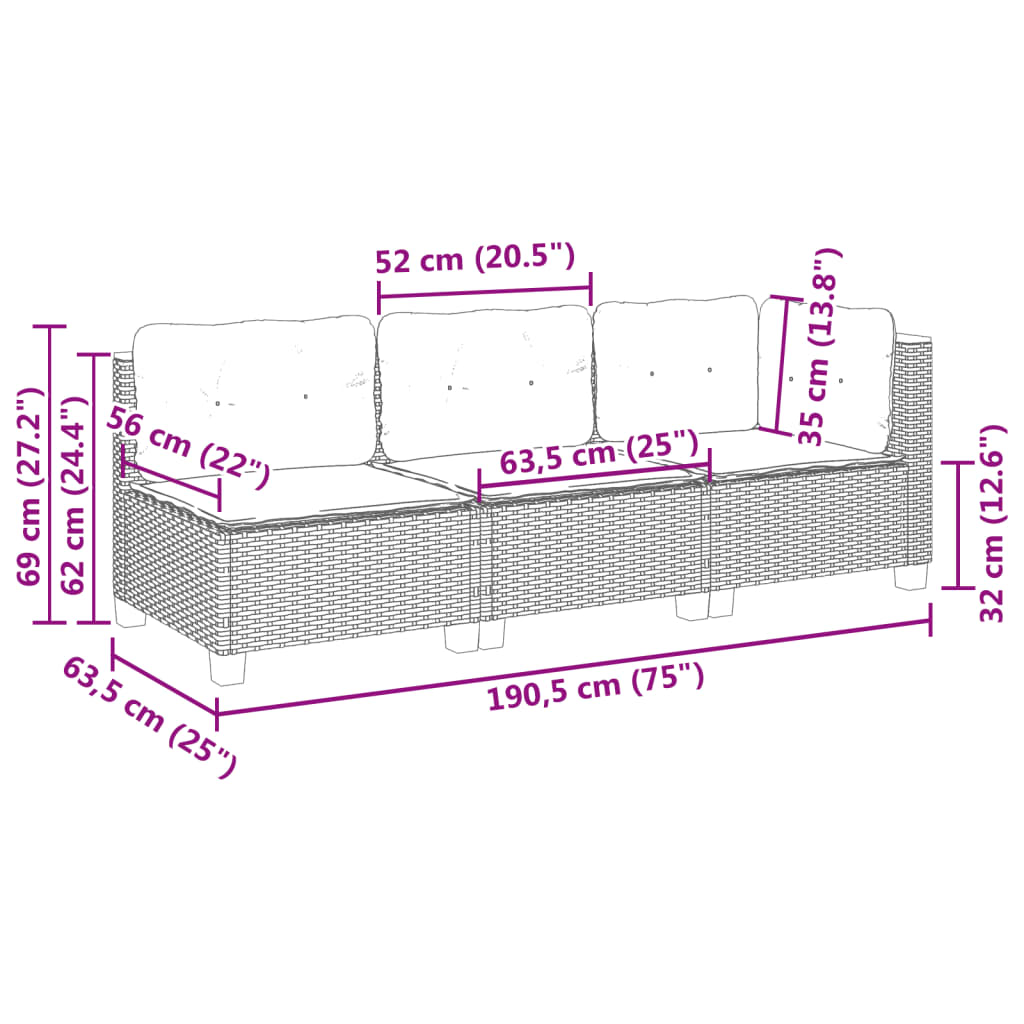 Tuinbank 3-zits met kussens poly rattan grijs