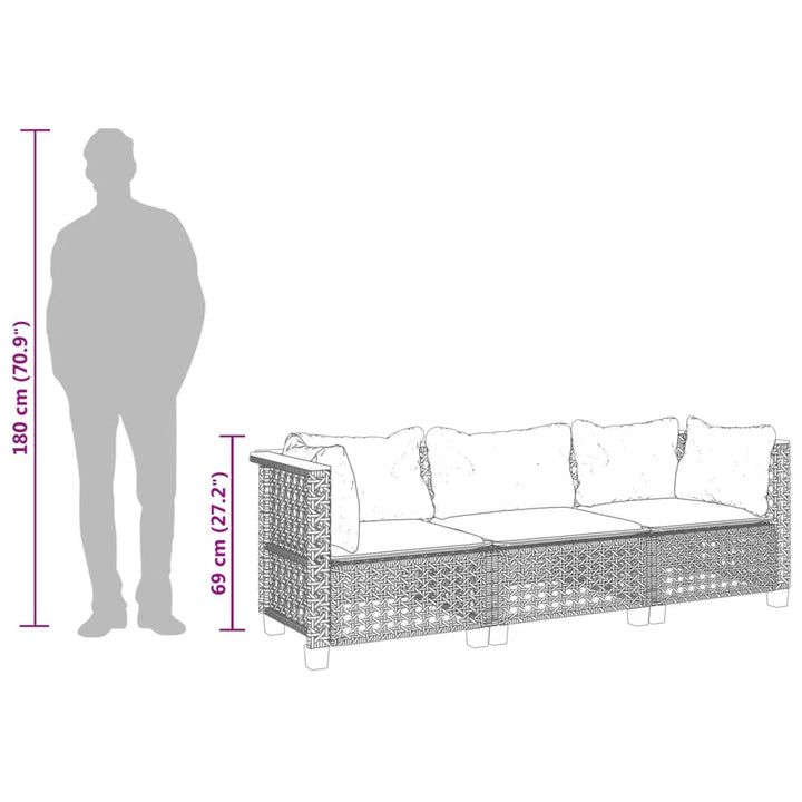 Tuinbank 3-zits met kussens poly rattan grijs