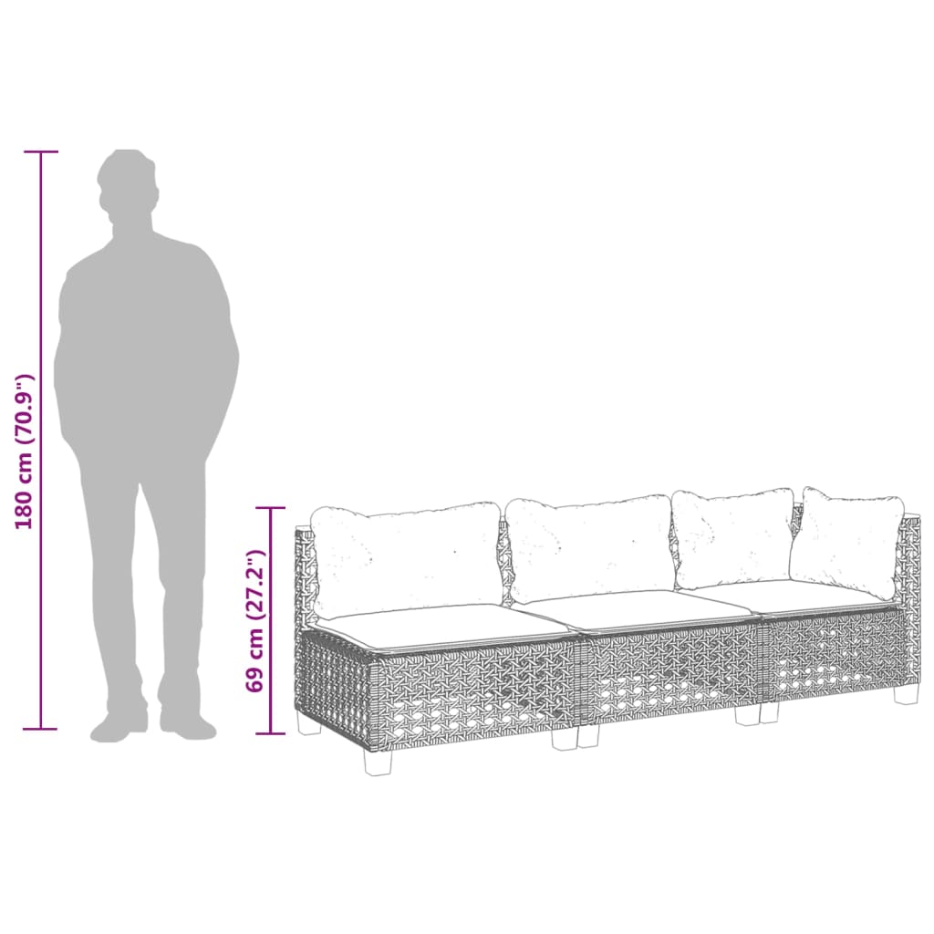 Tuinbank 3-zits met kussens poly rattan grijs