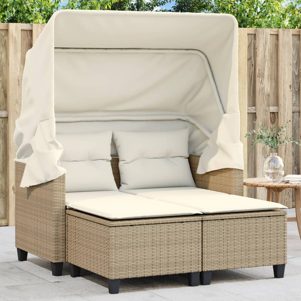 Tuinbank 2-zits met luifel en voetenbanken poly rattan beige