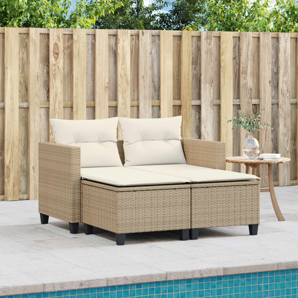 Tuinbank 2-zits met voetenbanken poly rattan beige