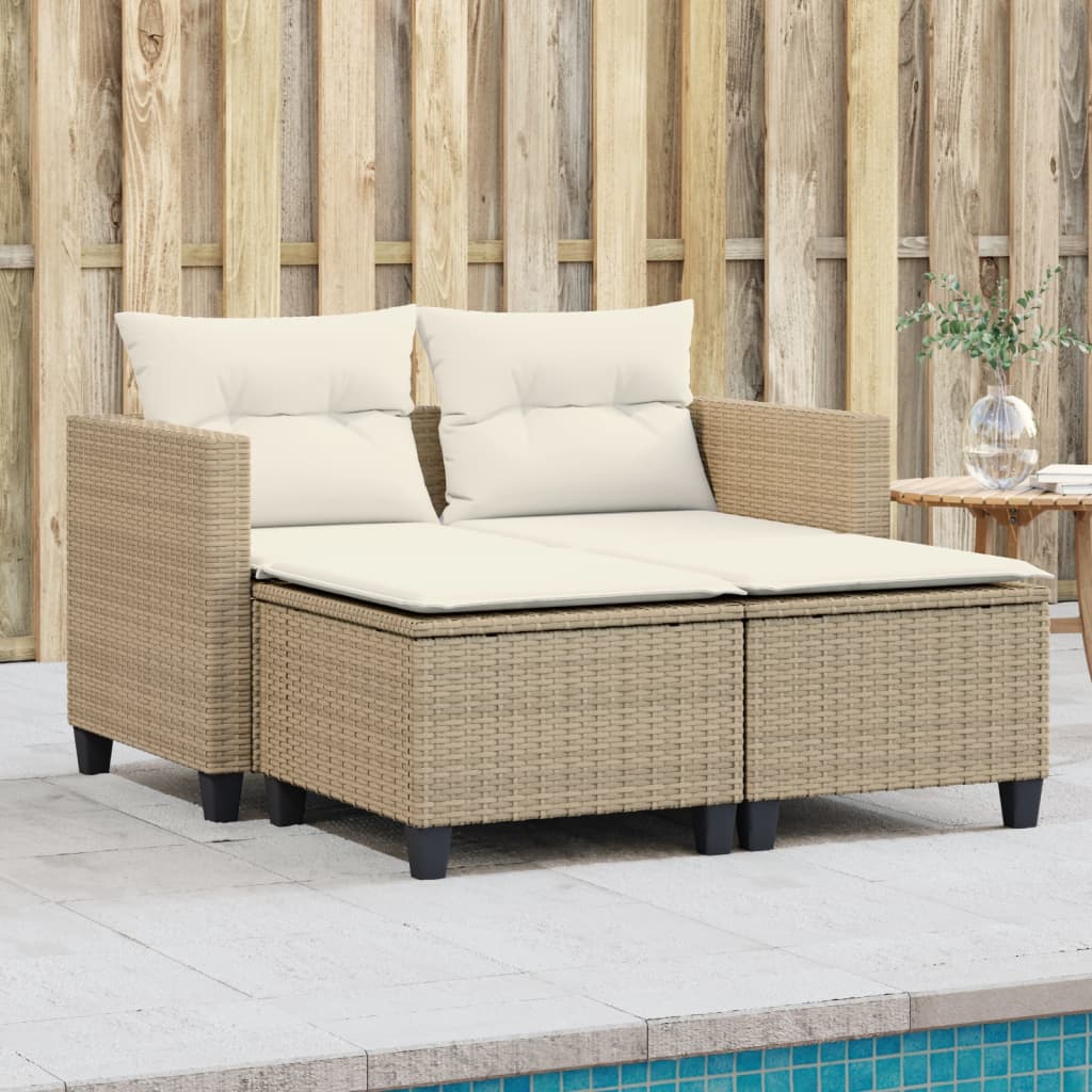 Tuinbank 2-zits met voetenbanken poly rattan beige