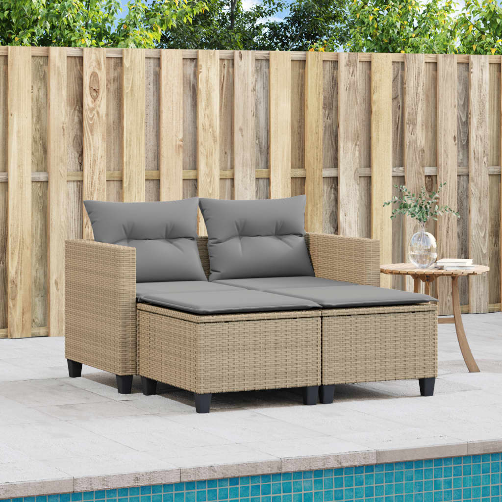 Tuinbank 2-zits met voetenbanken poly rattan beige