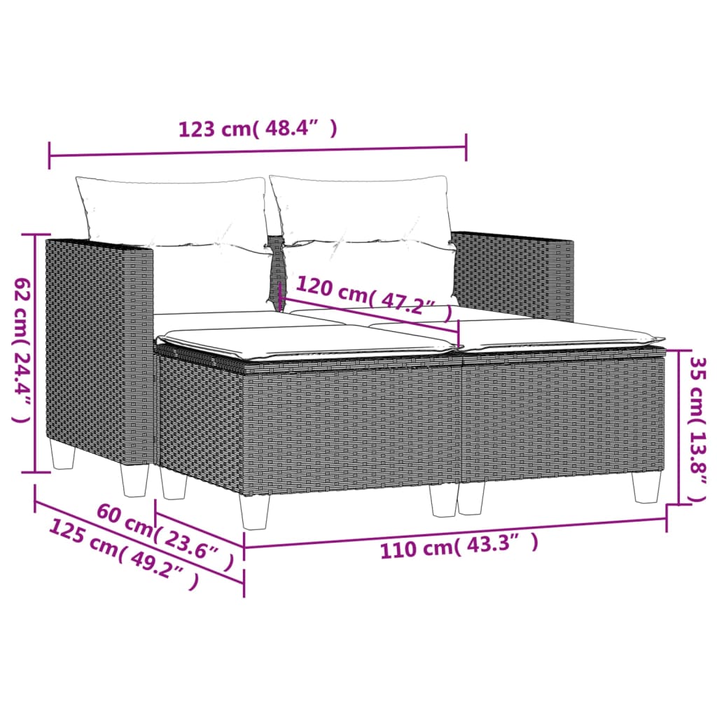 Tuinbank 2-zits met voetenbanken poly rattan beige