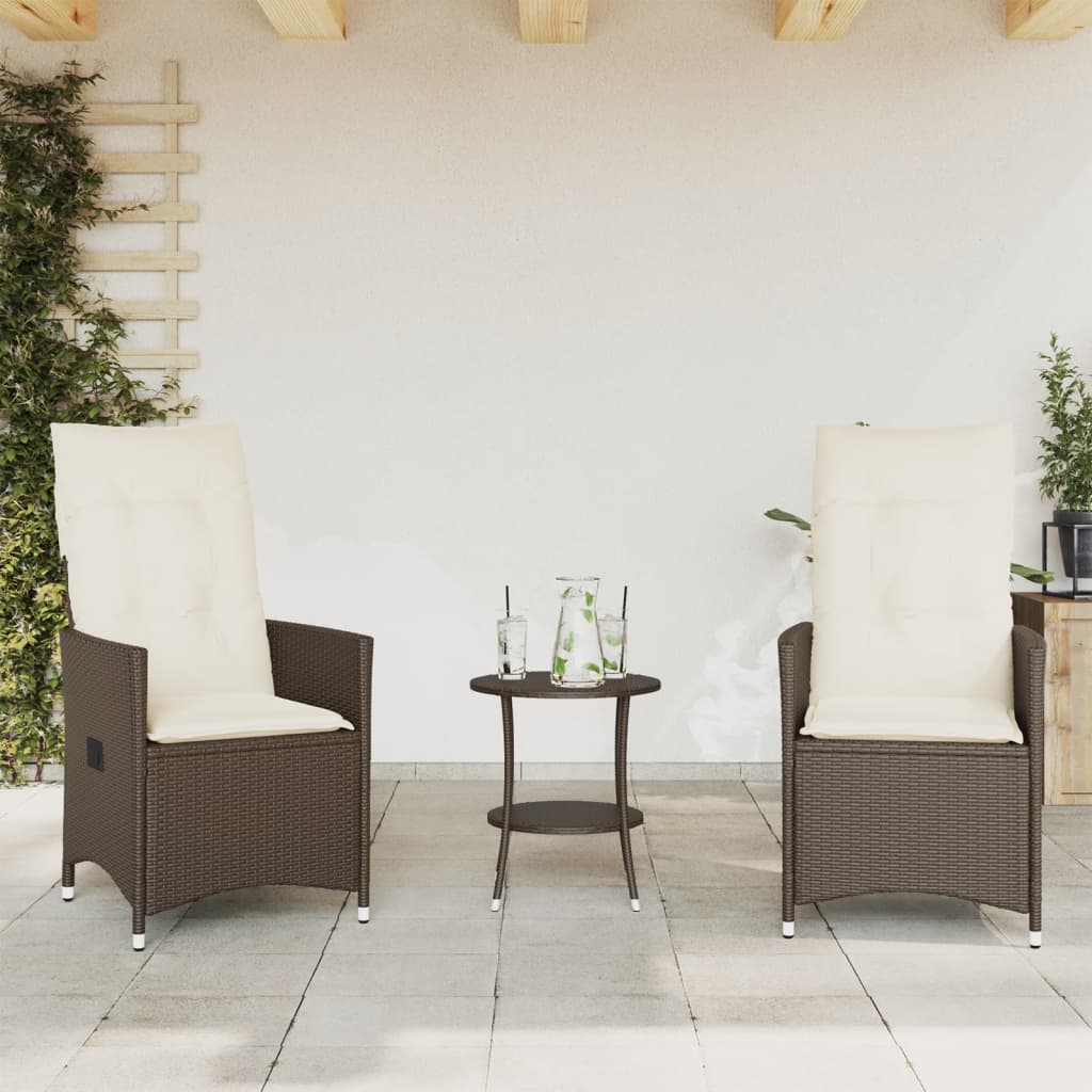 3-delige Bistroset met kussens poly rattan bruin