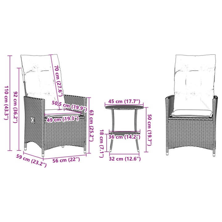 3-delige Bistroset met kussens poly rattan bruin