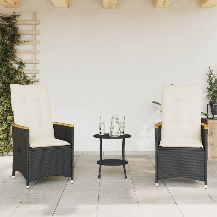 3-delige Bistroset met kussens poly rattan zwart