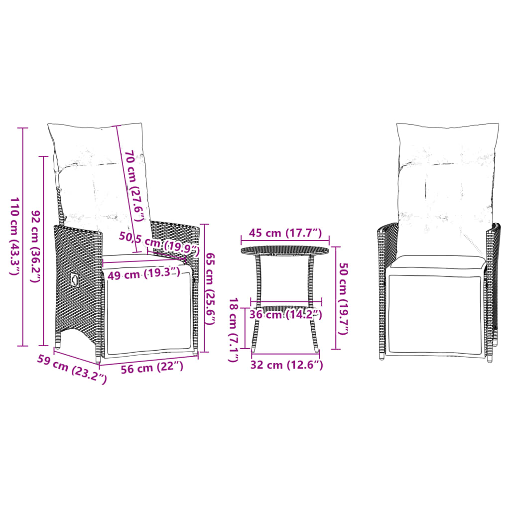 3-delige Bistroset met kussens poly rattan bruin