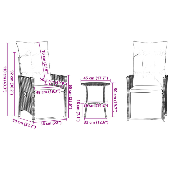 3-delige Bistroset met kussens poly rattan bruin