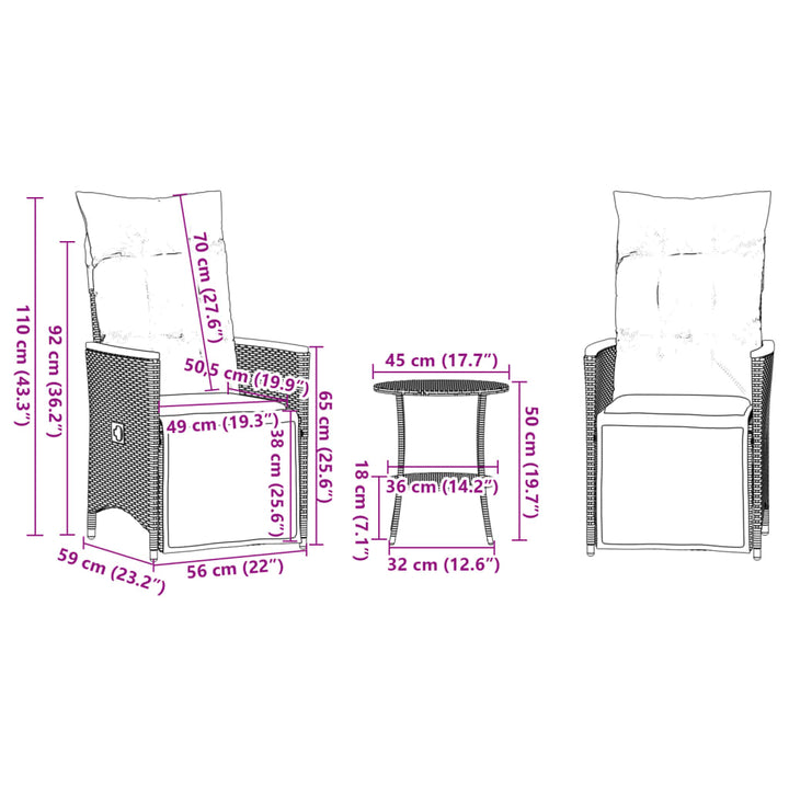 3-delige Bistroset met kussens poly rattan grijs