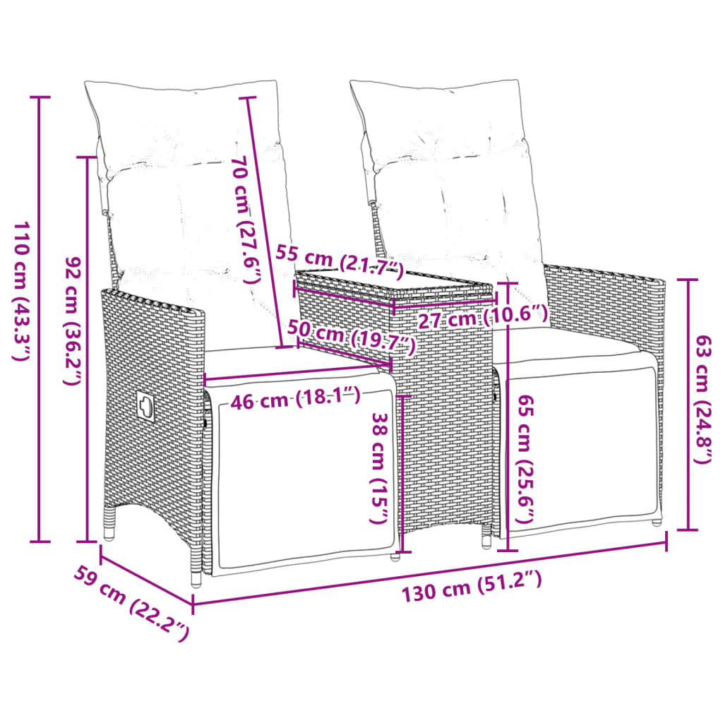 Tuinbank 2-zits verstelbaar met tafel poly rattan zwart