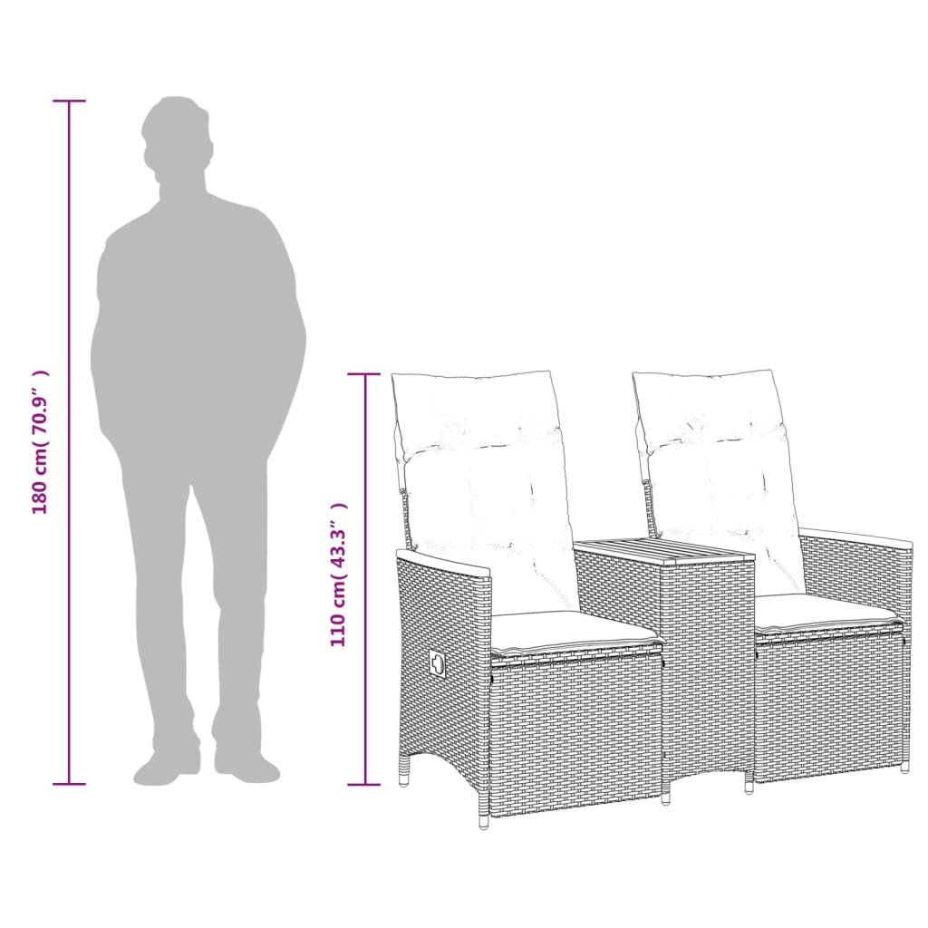 Tuinbank 2-zits verstelbaar met tafel poly rattan zwart