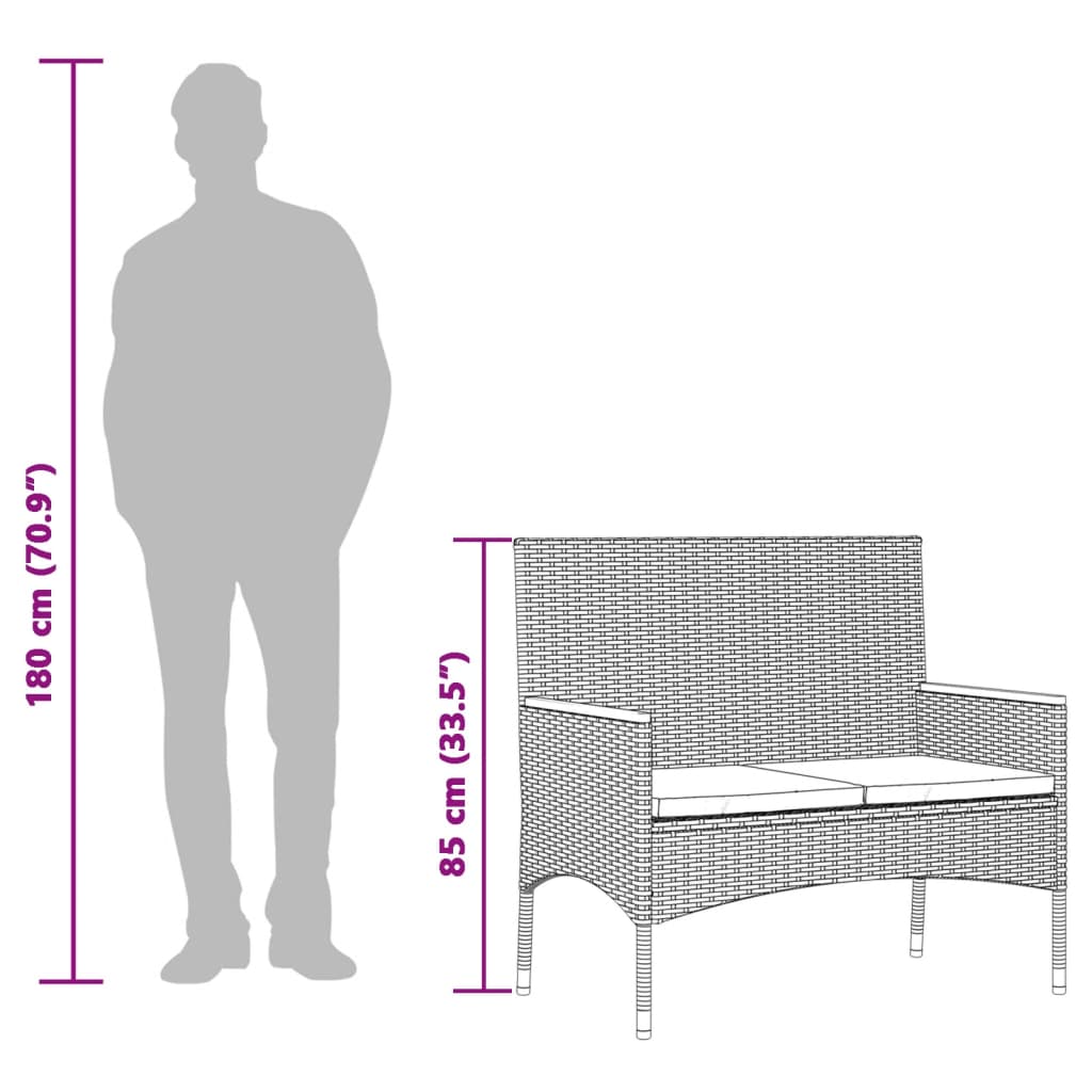 Tuinbank 2-zits met kussens en tafel poly rattan grijs