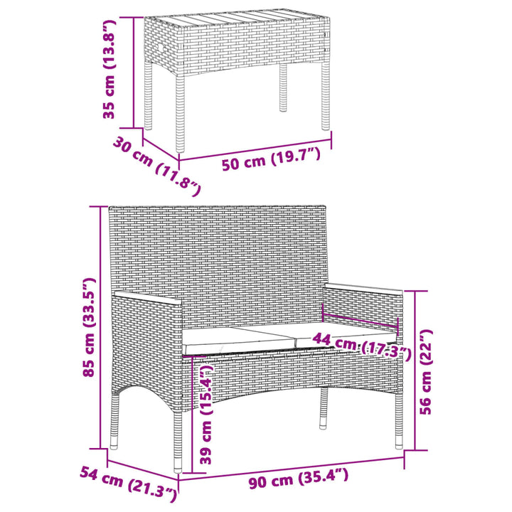 Tuinbank 2-zits met kussens en tafel poly rattan grijs