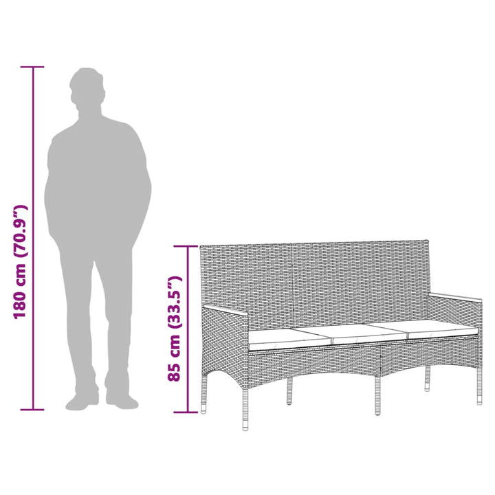 Tuinbank 3-zits met kussens poly rattan zwart