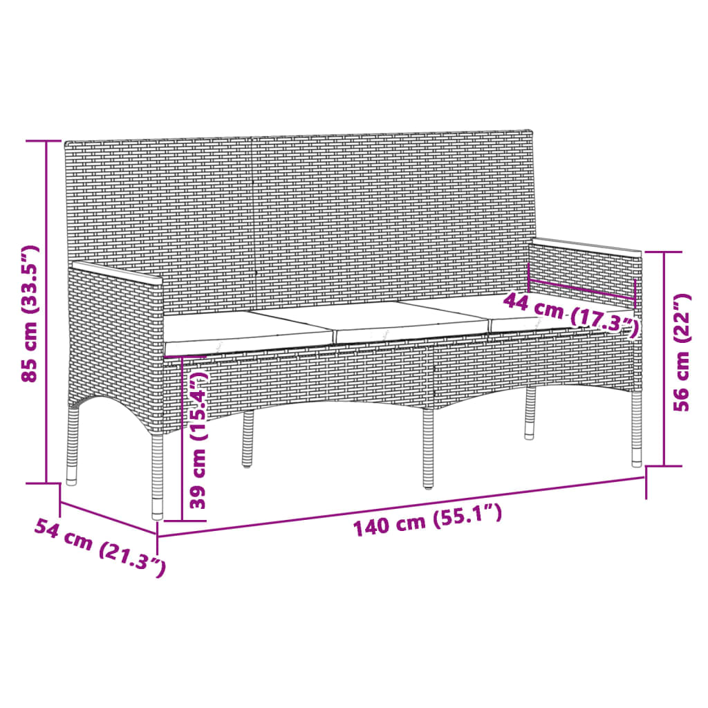 Tuinbank 3-zits met kussens poly rattan grijs