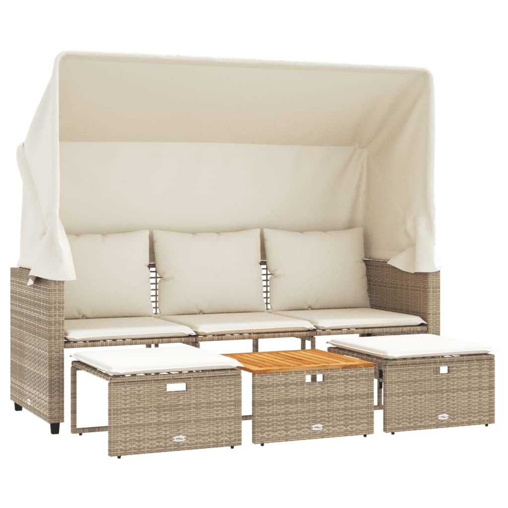 Tuinbank 3-zits met luifel en voetenbanken poly rattan beige