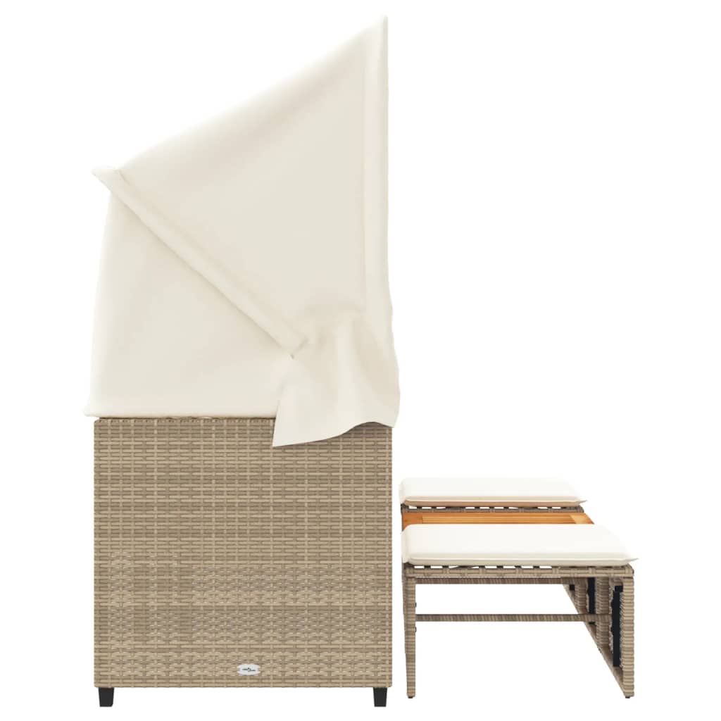 Tuinbank 3-zits met luifel en voetenbanken poly rattan beige