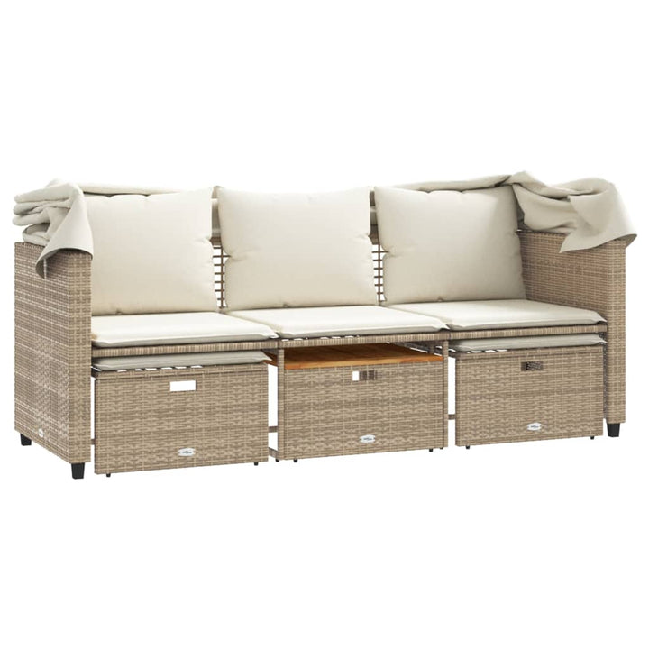 Tuinbank 3-zits met luifel en voetenbanken poly rattan beige