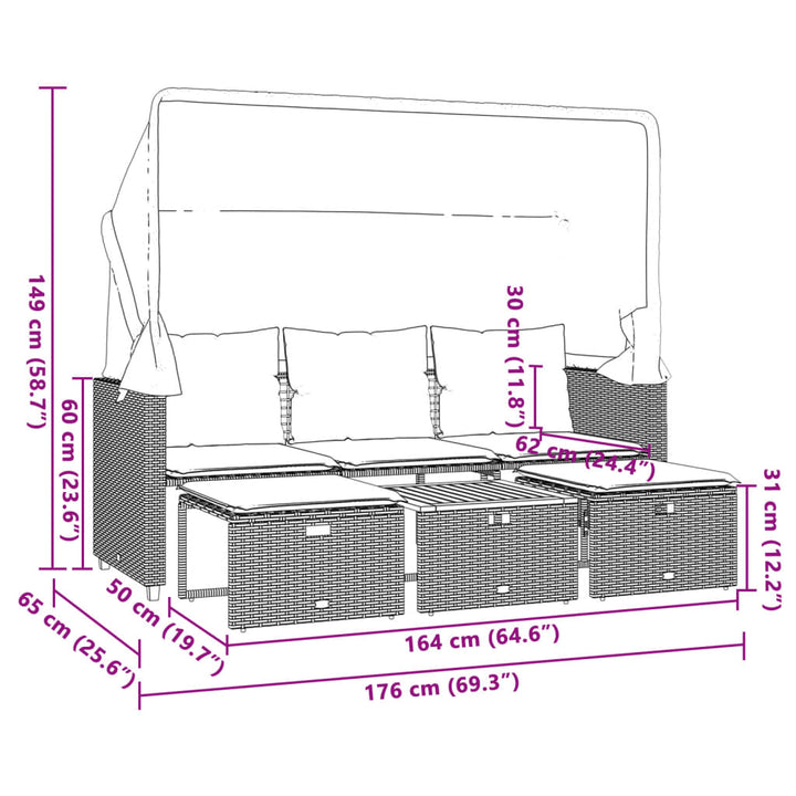 Tuinbank 3-zits met luifel en voetenbanken poly rattan beige