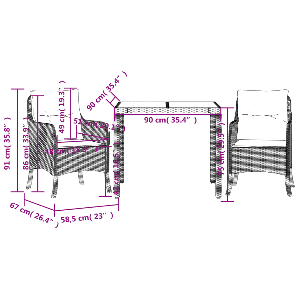 3-delige Tuinset met kussens poly rattan zwart