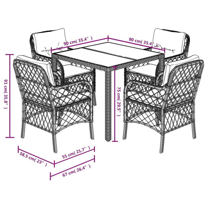 5-delige Tuinset met kussens poly rattan zwart