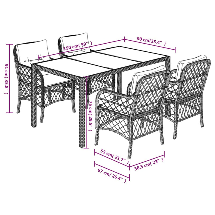 5-delige Tuinset met kussens poly rattan zwart