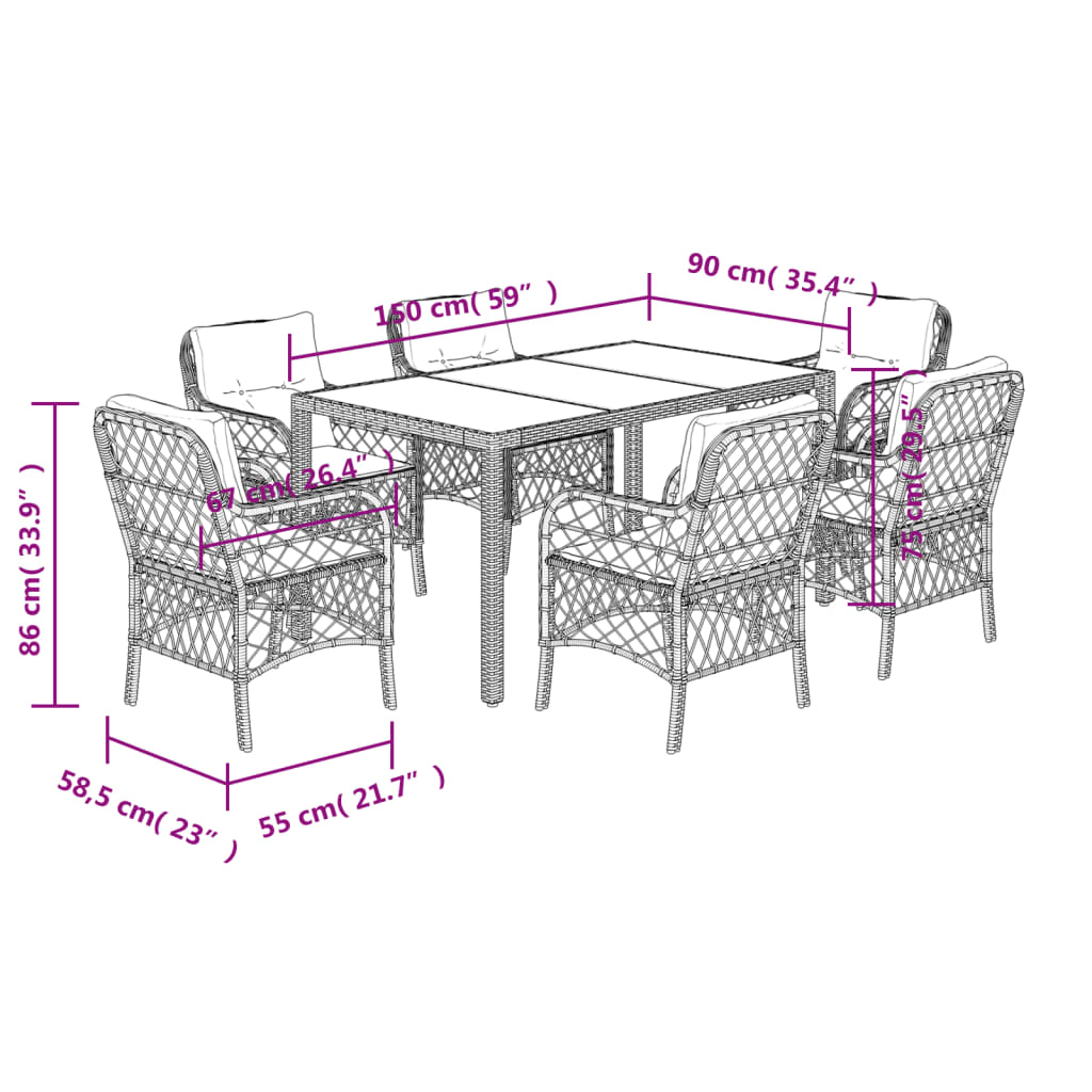 7-delige Tuinset met kussens poly rattan zwart