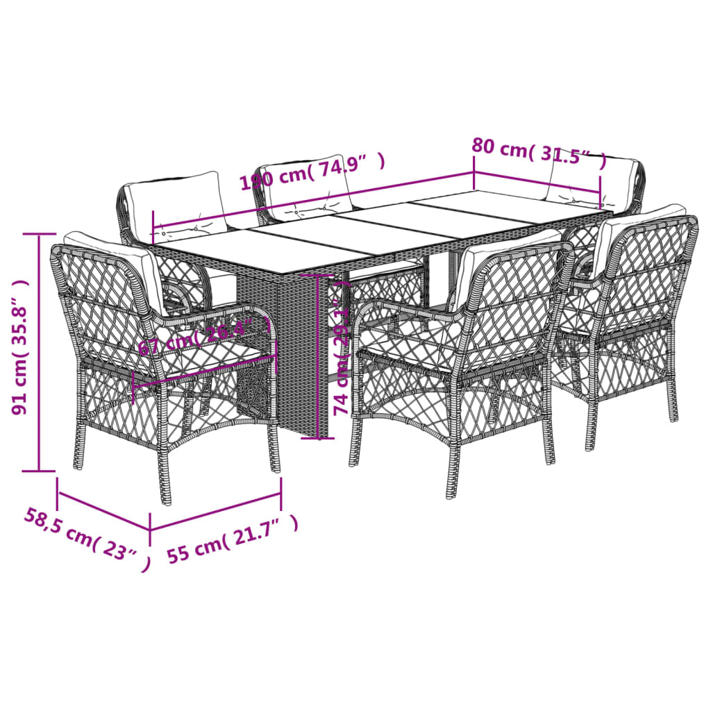 7-delige Tuinset met kussens poly rattan zwart