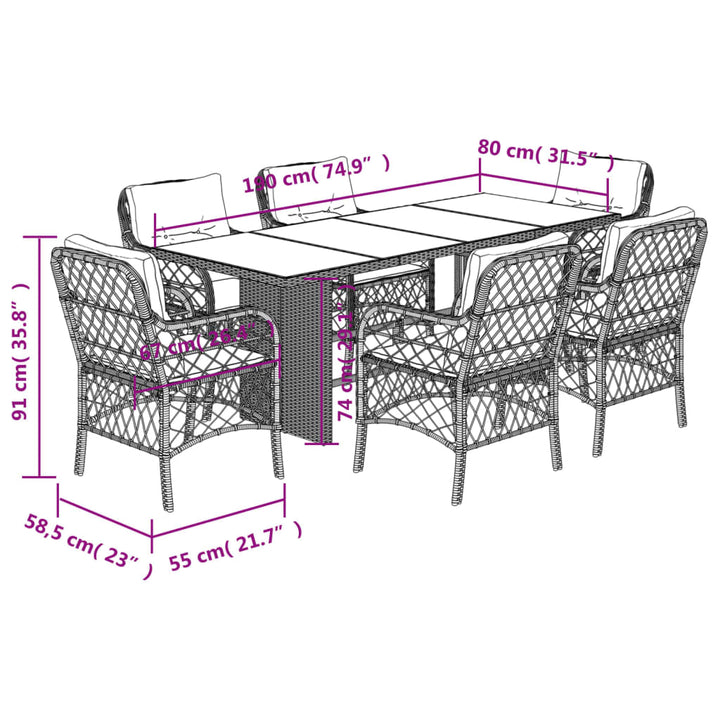 7-delige Tuinset met kussens poly rattan zwart