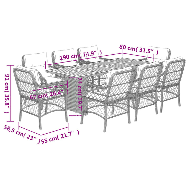 9-delige Tuinset met kussens poly rattan grijs