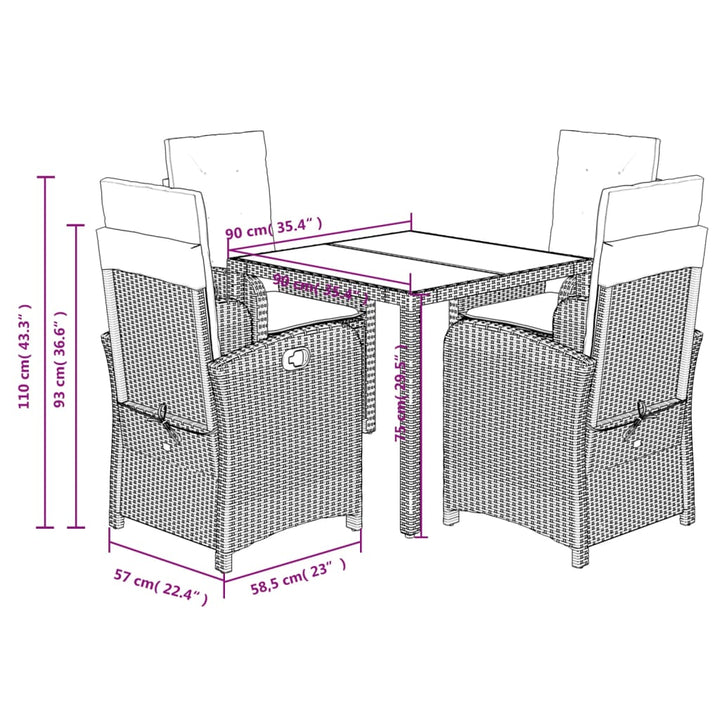 5-delige Tuinset met kussens poly rattan zwart