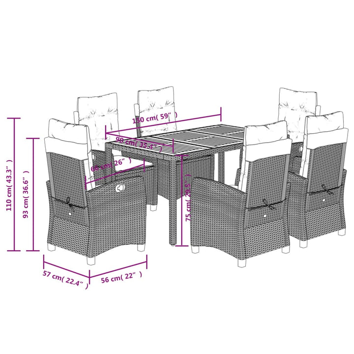 7-delige Tuinset met kussens poly rattan grijs