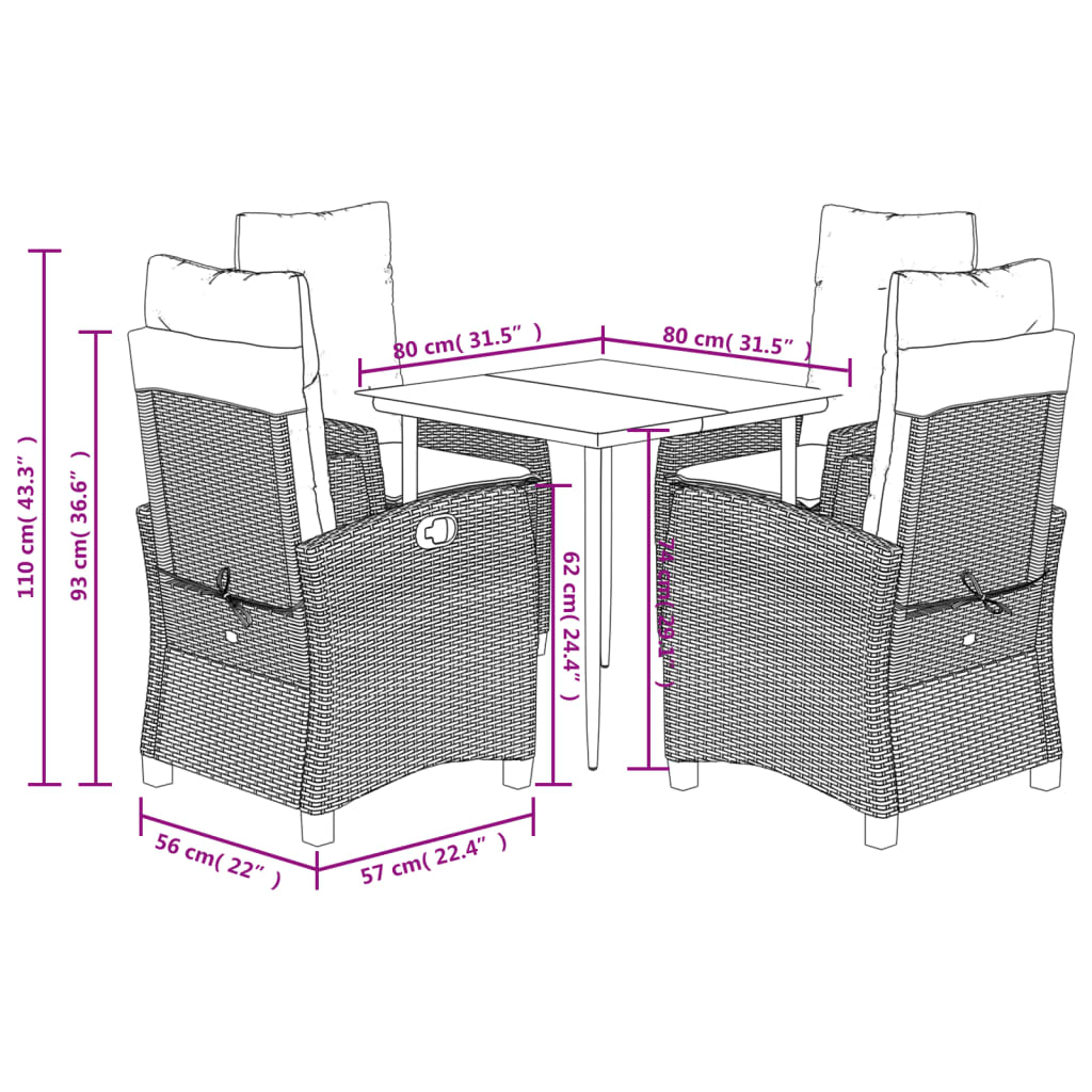 5-delige Tuinset met kussens poly rattan bruin