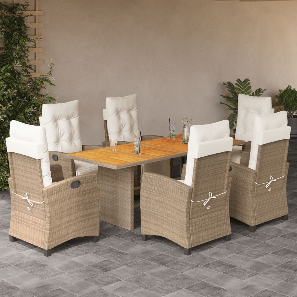 7-delige Tuinset met kussens poly rattan gemengd beige